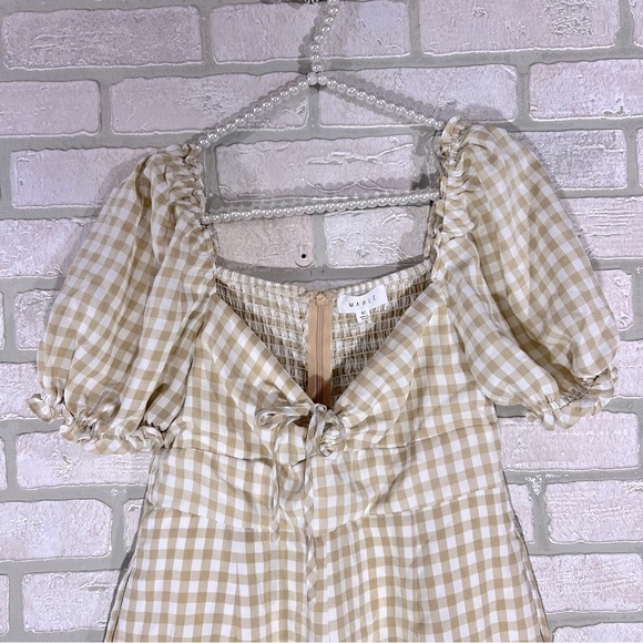 Mable Amaya Gingham Plaid Puff Short Sleeve Jumpsuit in Cognac Size M - Picture 4 of 10